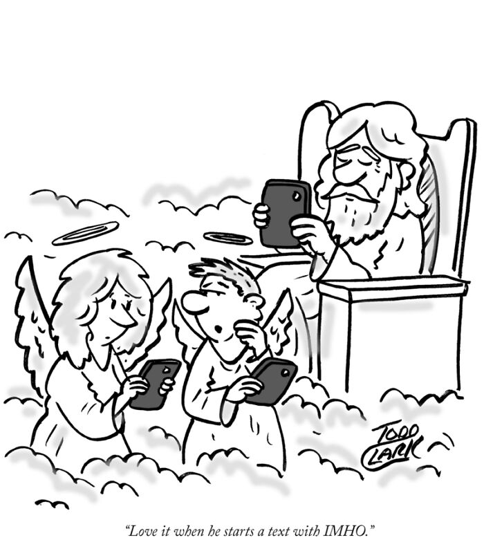God and angels using smartphones in heaven in a funny satirical comic.