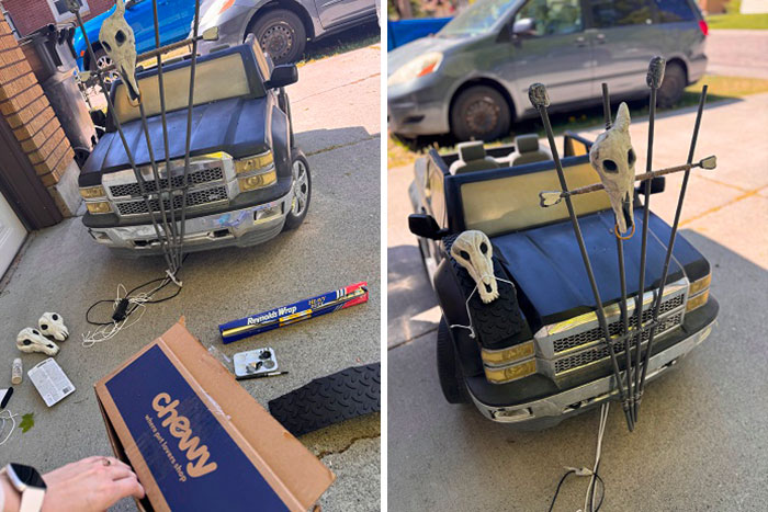 A black toy truck with animal skulls on it being prepared for a Mad Max photoshoot. A black toy truck with animal skulls on it being prepared for a Mad Max photoshoot.