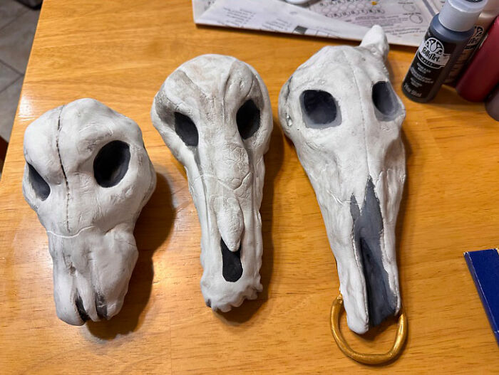 Three painted clay animal skulls created for a Mad Max Furry Road photoshoot. Three painted clay animal skulls created for a Mad Max Furry Road photoshoot.