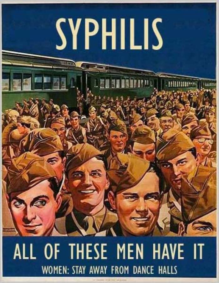 Vintage syphilis awareness poster with soldiers and warning for women