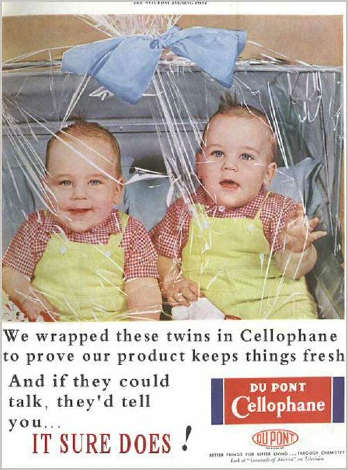 Du Pont Cellophane vintage ad showing twins wrapped to prove freshness
