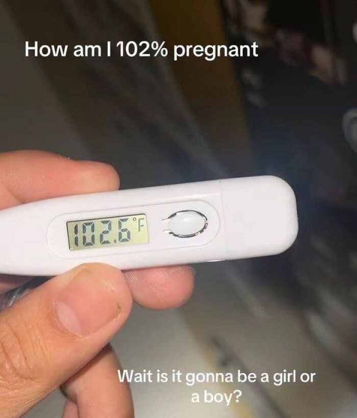 Hand holding a thermometer showing 102.6 F with text about being 102% pregnant
