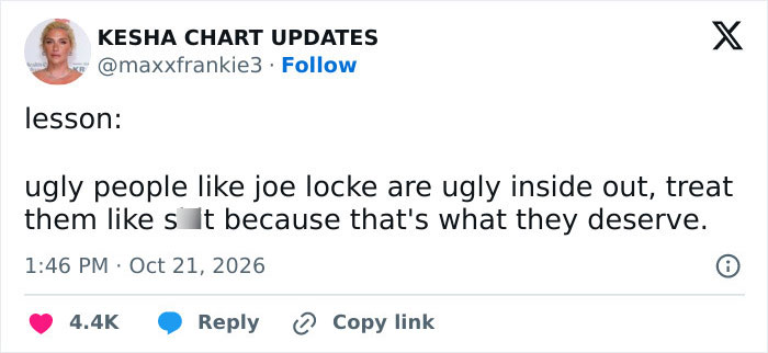 Social media post discussing Hollywood star Joe Locke and online controversy.