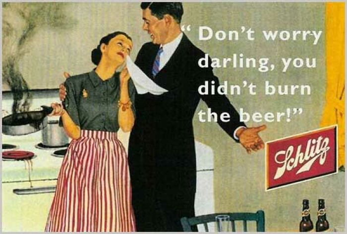 Retro Schlitz beer advertisement showing a man comforting a woman in the kitchen