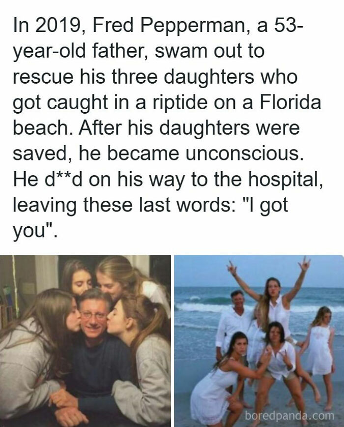 A split photo showing a father with his daughters, referencing creepy facts of a tragic rescue