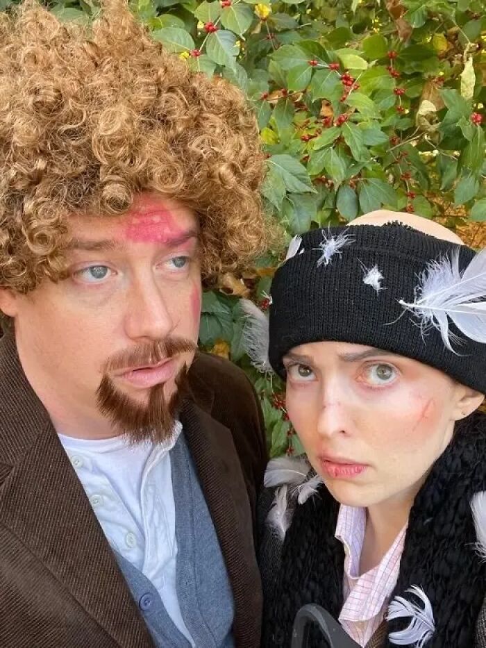A man and woman dressed as Home Alone Wet Bandits, an idea for funny cool Halloween couples costumes.