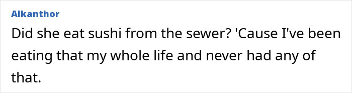 An online comment questioning food safety regarding eating sushi.