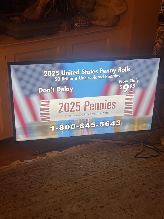 A TV screen showing an advertisement selling 50 pennies for 9.95 dollars as part of absurd products.