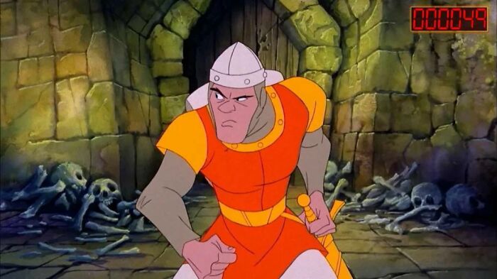 Animated knight Dirk the Daring from Dragon's Lair arcade game, classic nostalgic imagery for '80s kids.
