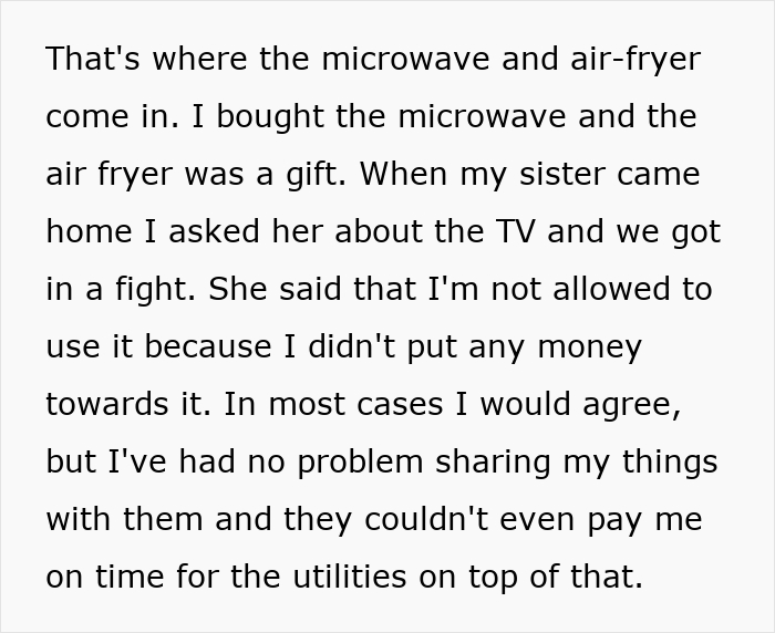 A story snippet highlighting the argument with roommates and the decision to take back appliances. A story snippet highlighting the argument with roommates and the decision to take back appliances.