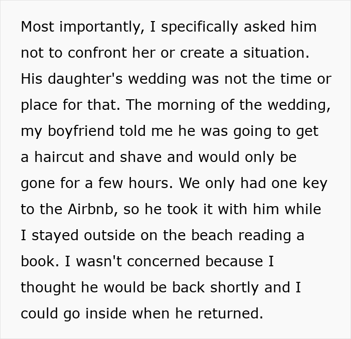 Black text on white detailing how a man breaks up with girlfriend during daughter's wedding preparations Black text on white detailing how a man breaks up with girlfriend during daughter's wedding preparations