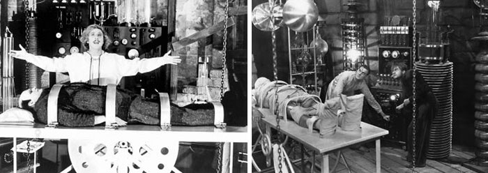 Side-by-side scenes of Young Frankenstein set designs using original laboratory movie props.