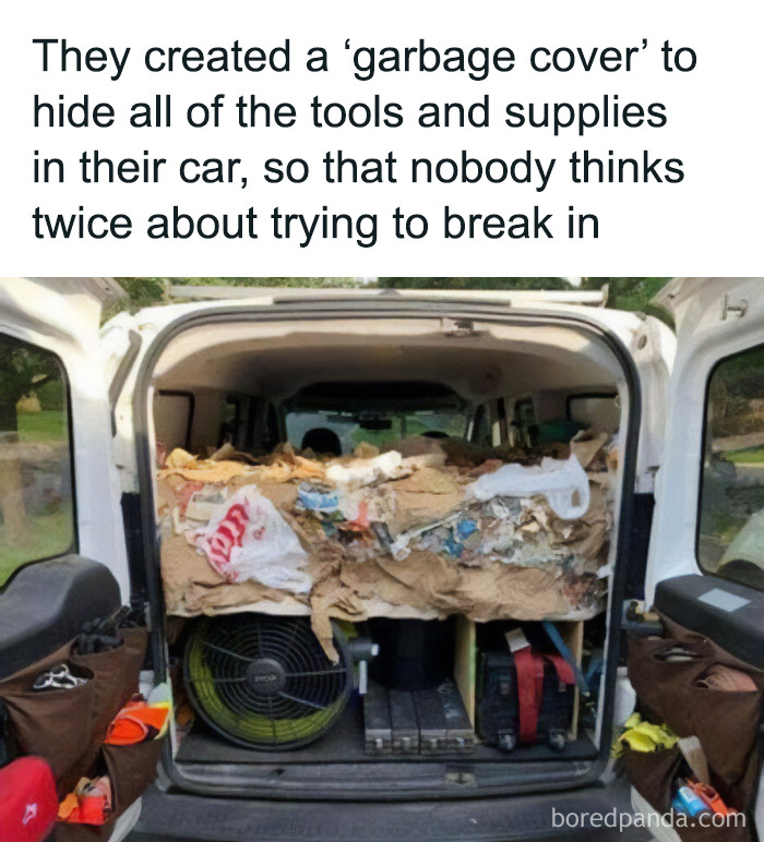 Car trunk filled with trash hiding tools, a funny cringe construction fails meme about theft prevention.