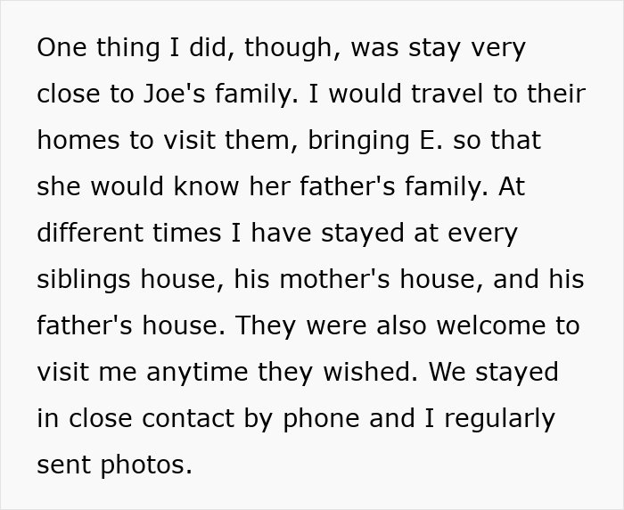 Text post describing efforts to stay close to a late husband's family over many years. Text post describing efforts to stay close to a late husband's family over many years.
