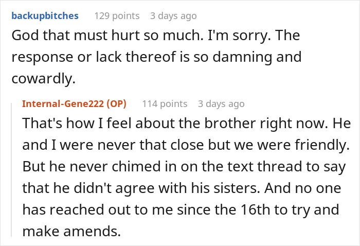 Reddit comment thread discussing how family members betray SIL and ignore group text messages. Reddit comment thread discussing how family members betray SIL and ignore group text messages.