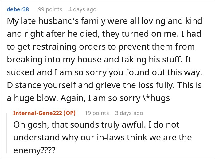 Reddit user sharing a painful story about in-law betrayal and offering advice on grieving. Reddit user sharing a painful story about in-law betrayal and offering advice on grieving.