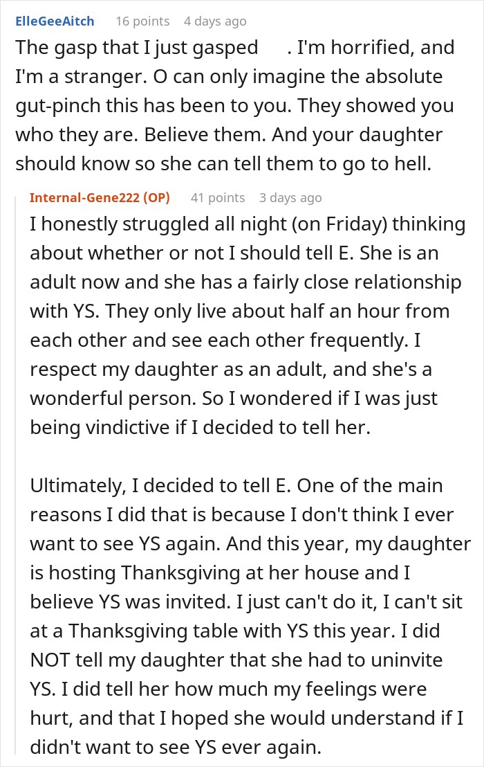Online forum post detailing how women betray SIL of 33 years by revealing hurtful thoughts about her marriage Online forum post detailing how women betray SIL of 33 years by revealing hurtful thoughts about her marriage