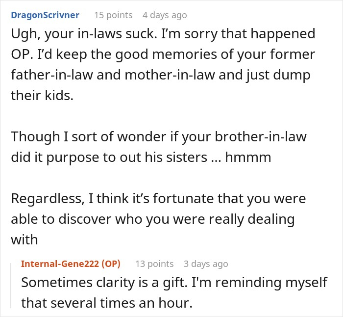 User comments supporting a woman after women betray SIL of 33 years with shocking family revelations User comments supporting a woman after women betray SIL of 33 years with shocking family revelations