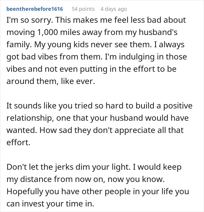 Comment offering advice after women betray SIL, encouraging her to distance herself from toxic in-laws. Comment offering advice after women betray SIL, encouraging her to distance herself from toxic in-laws.