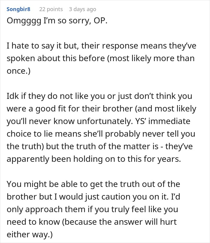 A comment offering advice on how to handle family secrets after women betray SIL of 33 years. A comment offering advice on how to handle family secrets after women betray SIL of 33 years.
