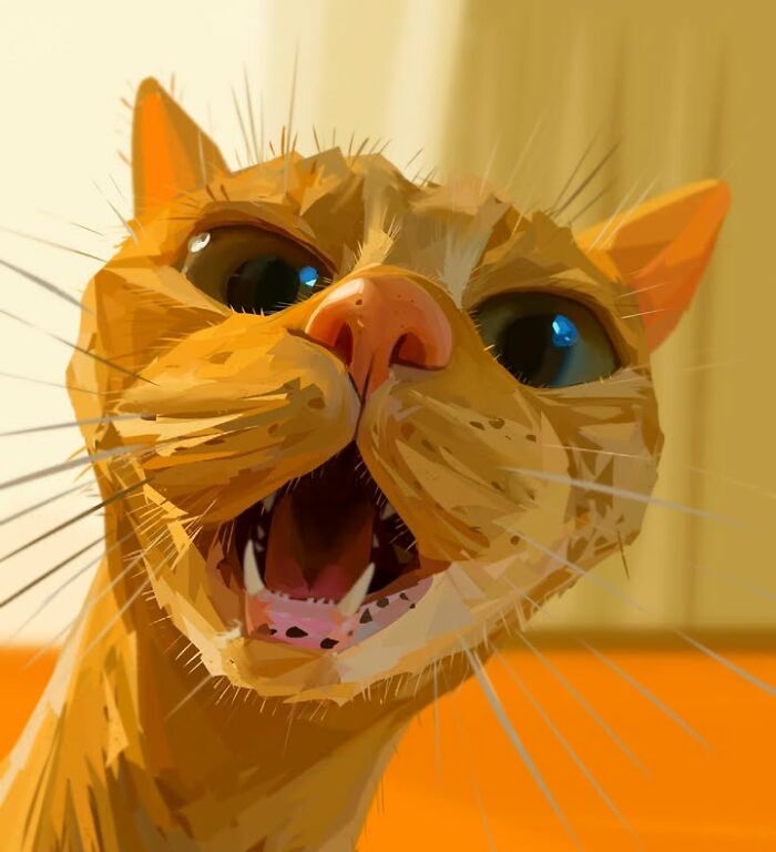 Funny caricature of a cat with a wide-open mouth and large eyes