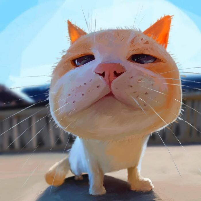 Caricature of a small orange and white cat with a big head and squinting eyes