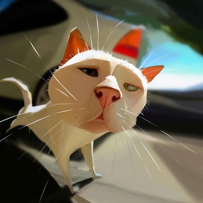 Exaggerated caricature of a white cat with a large head and long whiskers