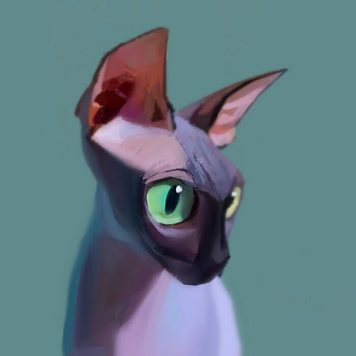 Digital caricature of a cat with large green eyes and exaggerated features
