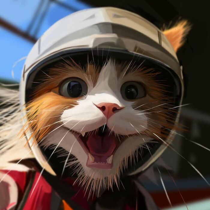 Playful caricature of a cat wearing a helmet with an open mouth