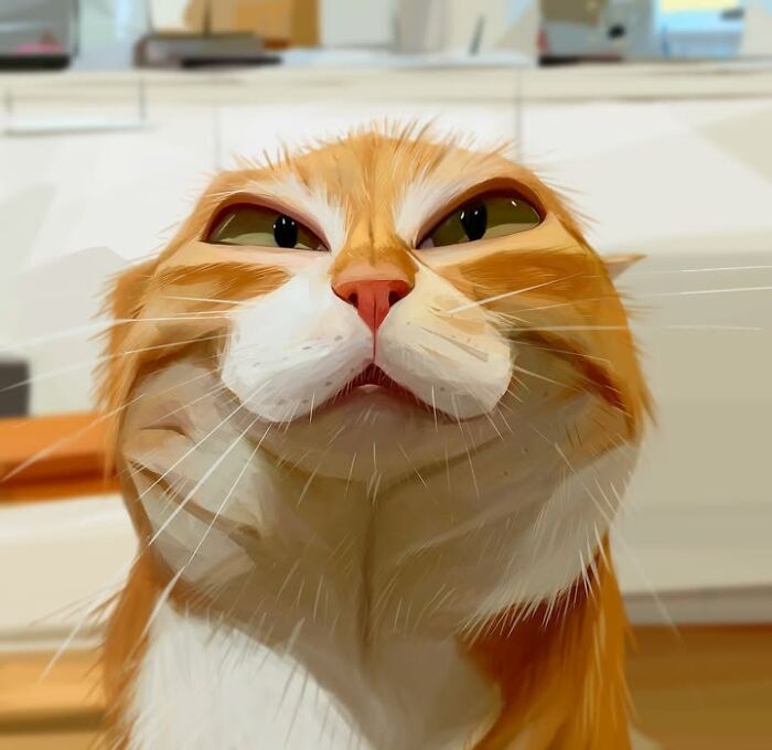 Amusing caricature of an orange cat with a smiling expression