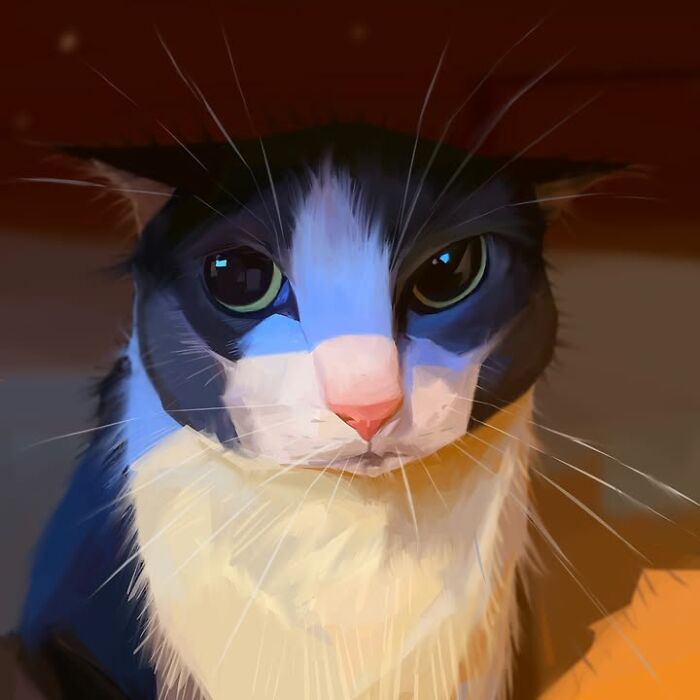 Exaggerated caricature of a black and white cat with piercing eyes