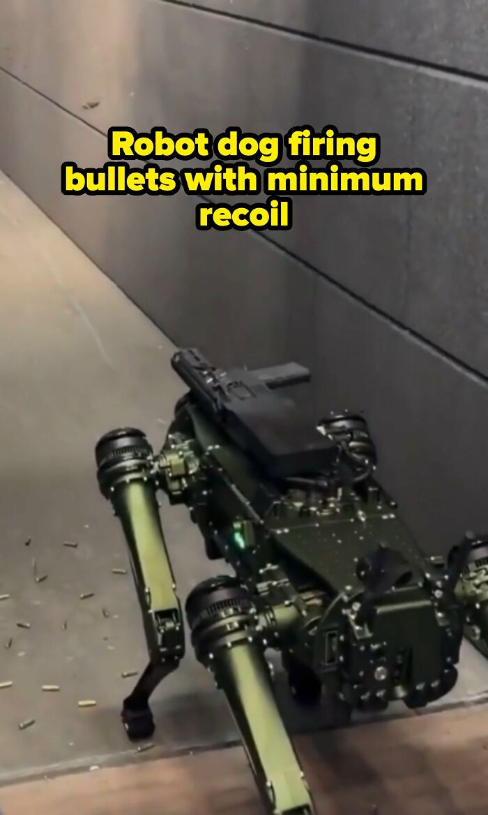Green robotic dog equipped with a weapon reflecting technology trends in modern life in America.