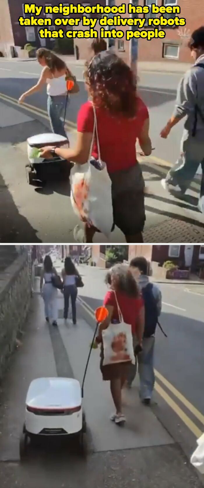 Small white delivery robots rolling past pedestrians on a narrow sidewalk, demonstrating modern life in America.