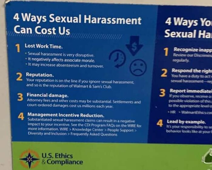 Walmart workplace sign detailing s****l harassment costs, highlighting modern life in America corporate standards.