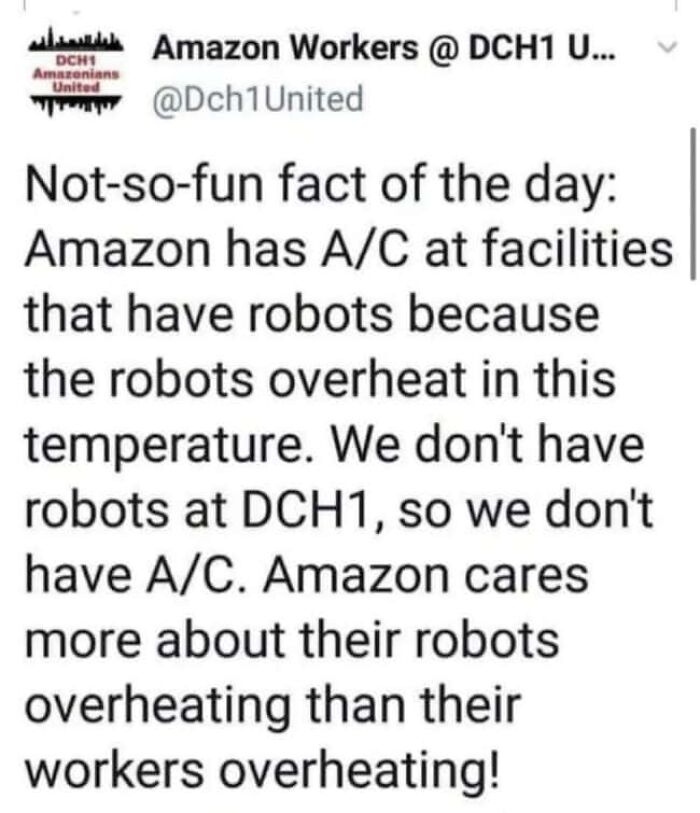 Social media post about lack of AC in an Amazon facility, showing a harsh reality of modern life in America.