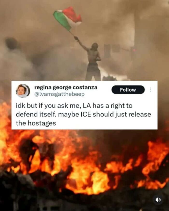 A social media post about modern life in America showing a protest scene with fire and a flag
