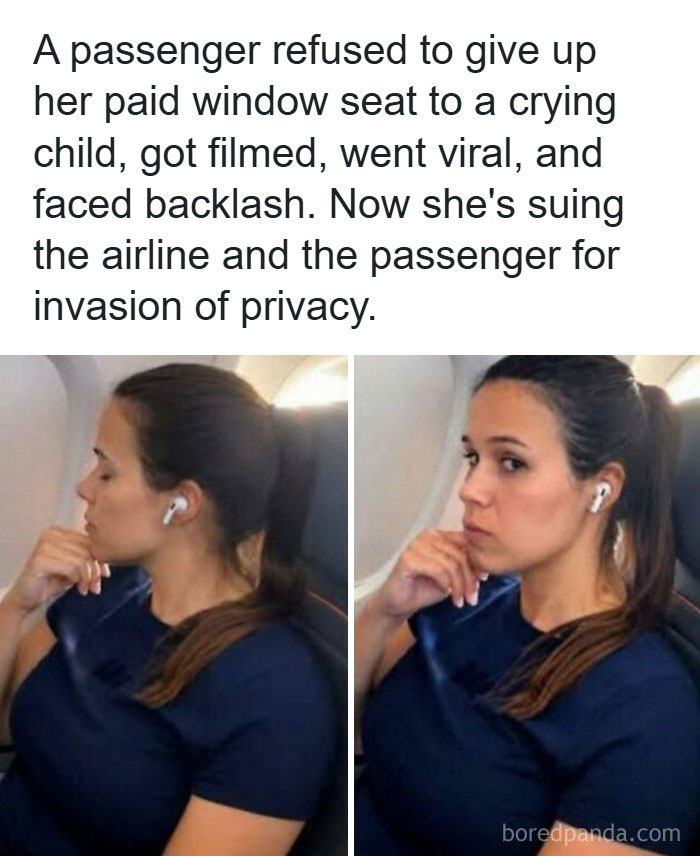 A side-by-side photo of a woman on a plane, showcasing creepy facts and news stories about viral passenger drama