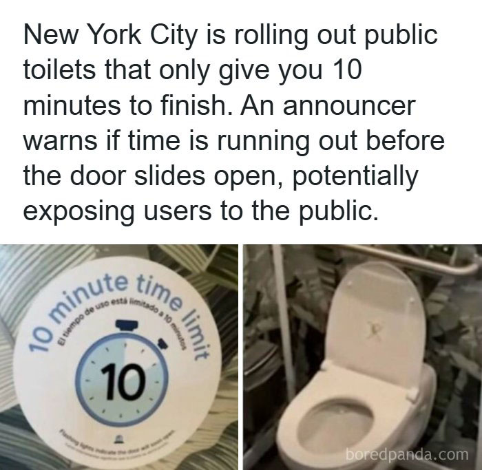 Creepy facts about a public restroom with a 10-minute timer sign next to a toilet bowl