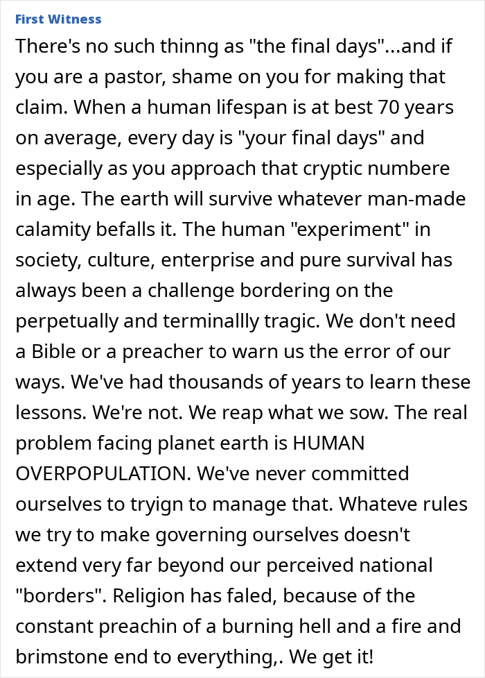Comment on human overpopulation as main problem for planet earth by atheist turned pastor