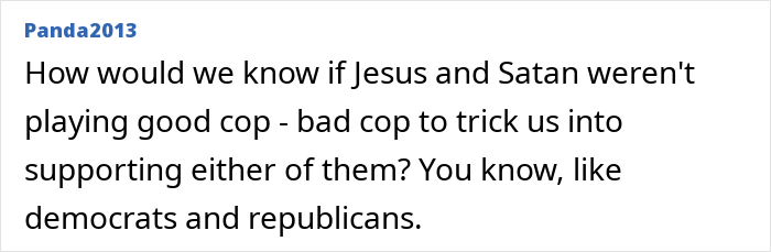 Skepticism on Jesus and Satan's roles compared to political parties