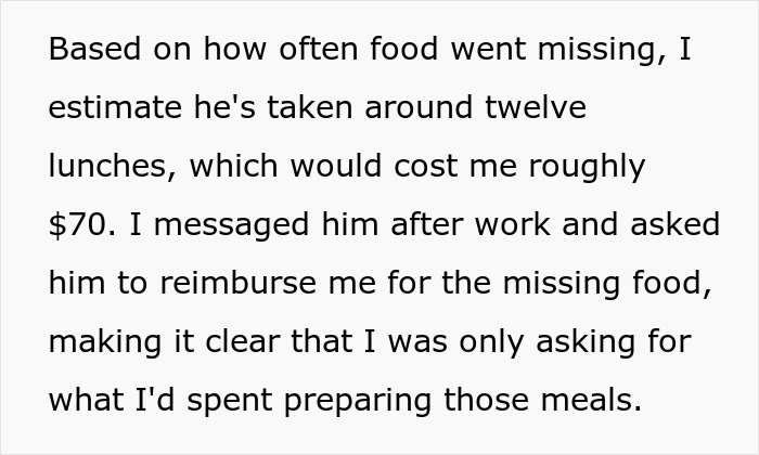 Text explaining a calculation of lost meals resulting in a $70 bill sent for stolen coworker's lunches.