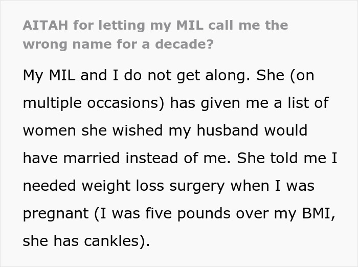 Reddit post text detailing how MIL got DIL name wrong for 10 years during their relationship. Reddit post text detailing how MIL got DIL name wrong for 10 years during their relationship.
