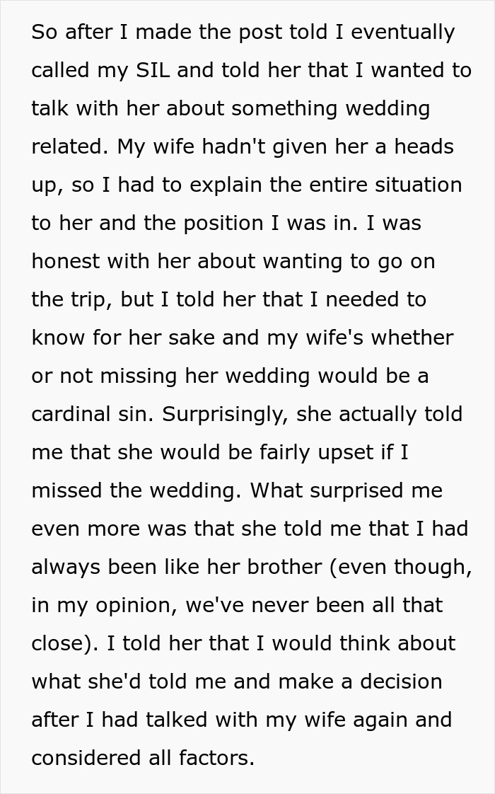 Social media post text detailing family drama after choosing an Australia Trip over a SIL's Wedding. Social media post text detailing family drama after choosing an Australia Trip over a SIL's Wedding.