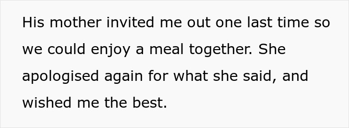 A black-and-white text screenshot about a woman's ex-fianc&eacute; and how his mother invited her out for a final meal