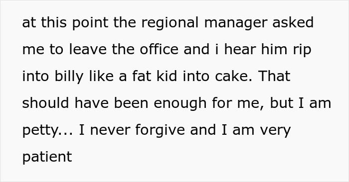 Text snippet describing the regional manager scolding Billy and the employee who never forgives