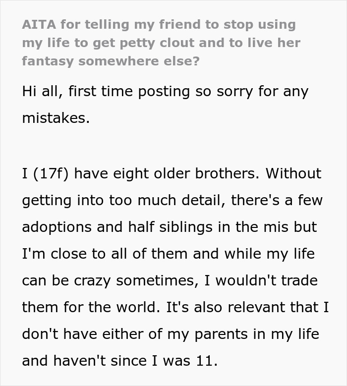 Text post about teen with eight older brothers and complex family Text post about teen with eight older brothers and complex family