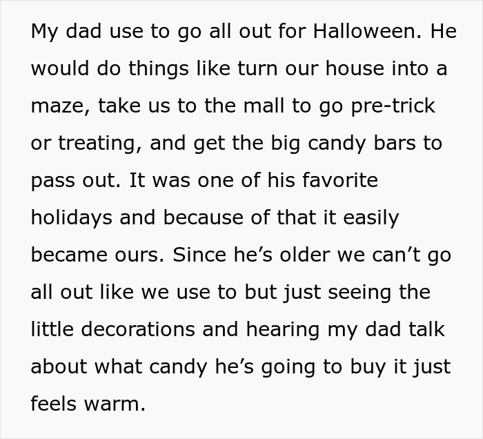 Black text describing childhood Halloween memories after a woman gets caught throwing away food.