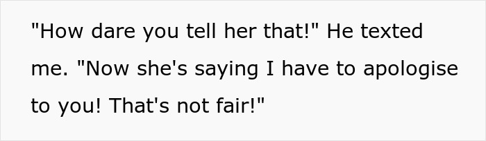 Text message quote from the ex-fianc&eacute; complaining about being forced to apologize after getting petty revenge.