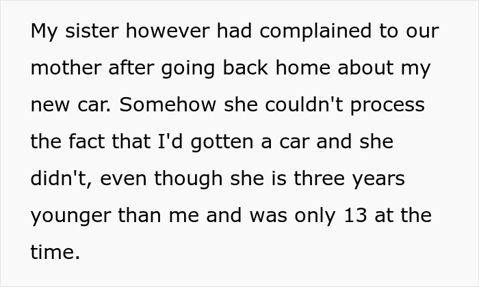 Screenshot of text detailing a teen who works to buy his first car despite his sister's reaction. Screenshot of text detailing a teen who works to buy his first car despite his sister's reaction.
