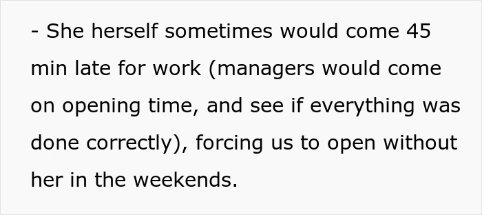 Text snippet explaining how a bossy coworker would regularly come 45 minutes late for work Text snippet explaining how a bossy coworker would regularly come 45 minutes late for work